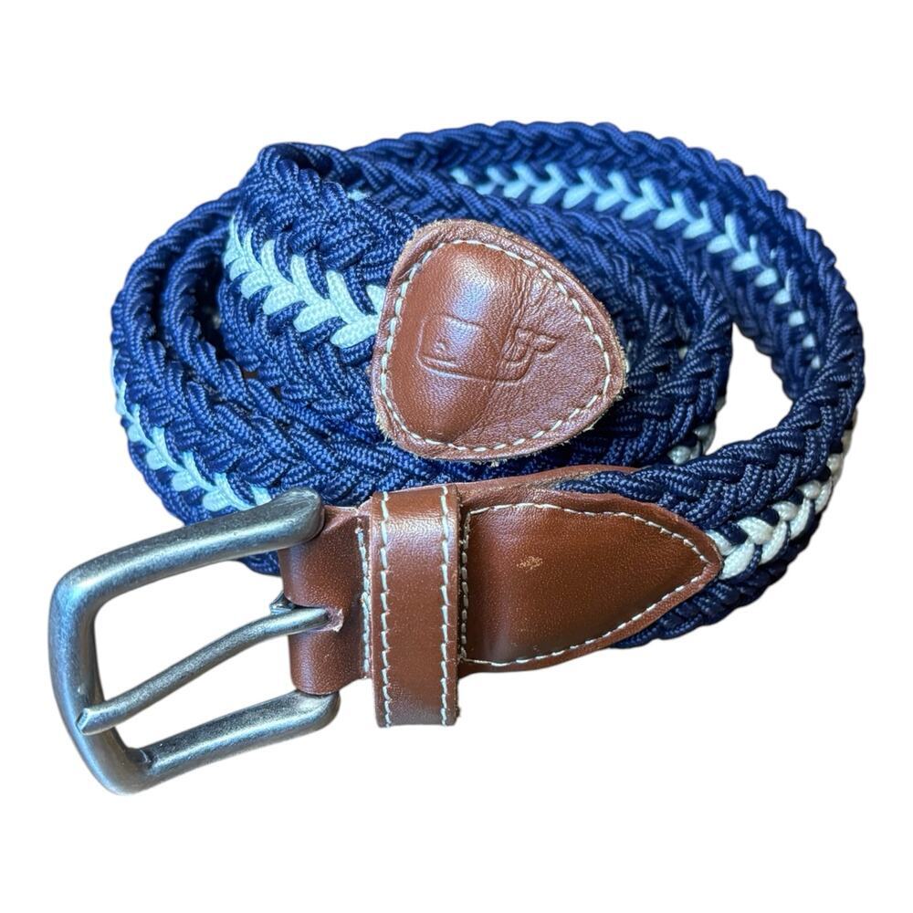 Vineyard Vines Braided Stretch Belt Leather Trim SZ 32 Navy White Preppy Nautica